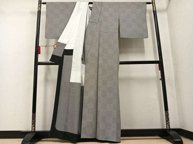 平和屋着物●伝統工芸士 砂川健一　江戸小紋　竹縞　市松　正絹　逸品　AABN1607ph