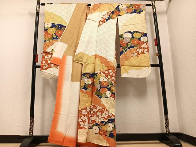 平和屋着物●豪華振袖　駒刺繍　雲重ね花文　金彩　正絹　逸品　AABN1617ph