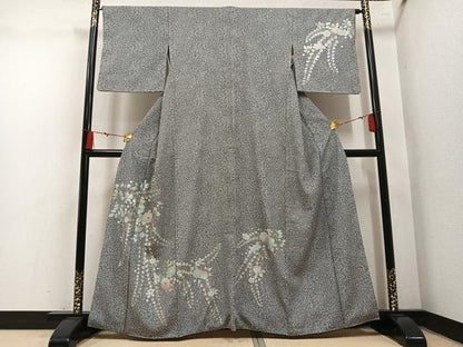 平和屋着物●訪問着　辻が花　螺鈿　たたき染め　黒地　金銀彩　正絹　逸品　AABN1619ph