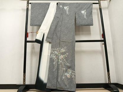 平和屋着物●訪問着　辻が花　螺鈿　たたき染め　黒地　金銀彩　正絹　逸品　AABN1619ph