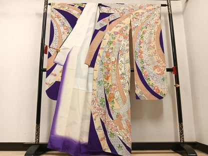 平和屋着物●豪華振袖　駒刺繍　飛鶴草花文　金彩　正絹　逸品　AABN1634ph