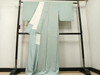 平和屋着物●京加賀友禅　百貫達雄監修　色無地　霞地紋　白緑色　正絹　逸品　AABN1636ph