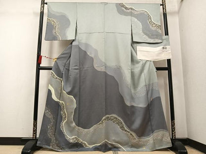 平和屋着物●訪問着　作家物　伊と幸　道長花唐草文　新嵯峨ちりめん　金彩　反端付き　正絹　逸品　AABN1642ph