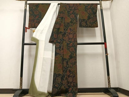 平和屋着物●初代 染人・山岡古都　首里琉染　小紋　更紗文　浜ちりめん　反端付き　正絹　逸品　AABN1644ph