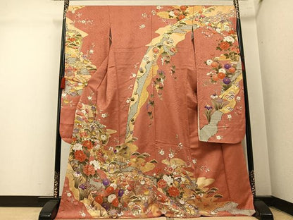 平和屋着物●豪華振袖　駒刺繍　雪輪花蝶文　金彩　正絹　逸品　AABN1665ph