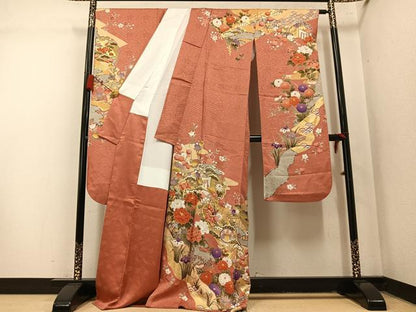 平和屋着物●豪華振袖　駒刺繍　雪輪花蝶文　金彩　正絹　逸品　AABN1665ph