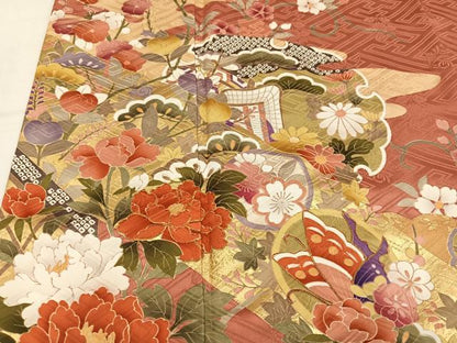 平和屋着物●豪華振袖　駒刺繍　雪輪花蝶文　金彩　正絹　逸品　AABN1665ph