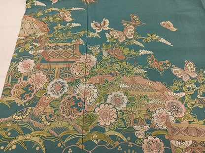 平和屋着物●豪華色留袖　作家物　総刺繍　花蝶文　正絹　逸品　AABN1667ph