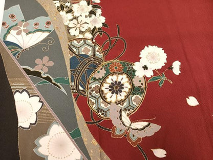 平和屋着物●豪華振袖　駒刺繍　花蝶鼓文　金彩　正絹　逸品　AABN1672ph