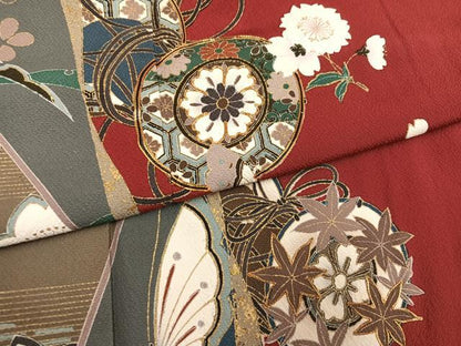 平和屋着物●豪華振袖　駒刺繍　花蝶鼓文　金彩　正絹　逸品　AABN1672ph