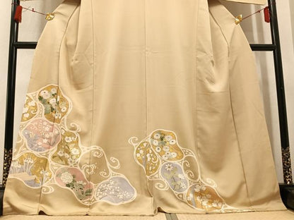 平和屋着物●訪問着　駒刺繍　草花文　金彩　正絹　逸品　AABN1682ph