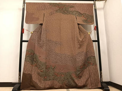 平和屋着物●人間国宝・南部芳松の息子 伝統工芸伝承者彫刻・南部幸雄　型染　訪問着　風景草花文　鬼しぼ縮緬　正絹　逸品　AABN1691ph
