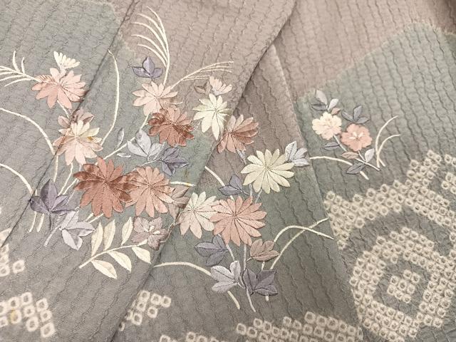平和屋着物●訪問着　絞り　刺繍　草花文　正絹　逸品　AABN1695ph