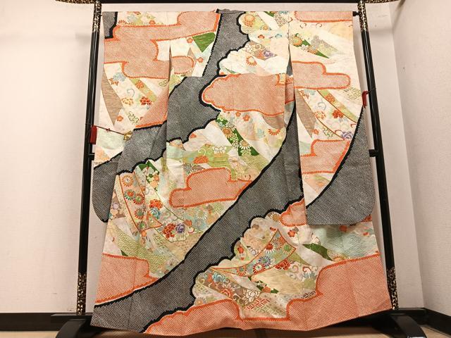 平和屋着物●豪華振袖　絞り　駒刺繍　吉祥花唐草文　金彩　正絹　逸品　AABN1704ph