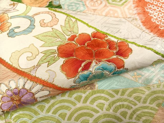 平和屋着物●豪華振袖　絞り　駒刺繍　吉祥花唐草文　金彩　正絹　逸品　AABN1704ph