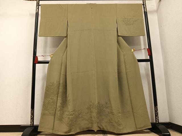 平和屋着物●無地絵羽訪問着　御所車草花風景文　油色　正絹　逸品　AABN1718ph