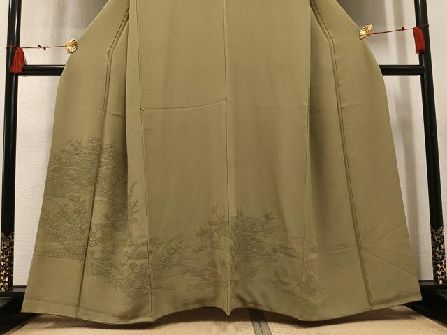 平和屋着物●無地絵羽訪問着　御所車草花風景文　油色　正絹　逸品　AABN1718ph