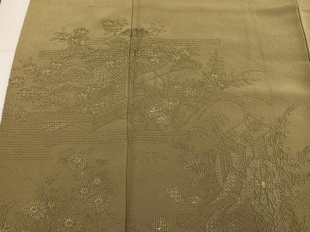 平和屋着物●無地絵羽訪問着　御所車草花風景文　油色　正絹　逸品　AABN1718ph