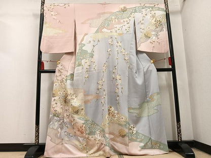 平和屋着物●訪問着　辻が花　駒刺繍　雪輪草花文　金彩　正絹　逸品　AABN1730ph