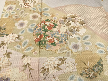 平和屋着物●訪問着　辻が花　駒刺繍　雪輪草花文　金彩　正絹　逸品　AABN1730ph