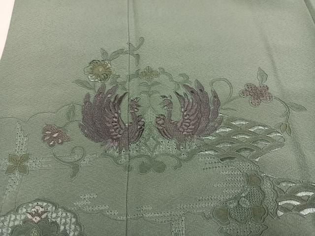 平和屋着物●中国三大刺繍　汕頭刺繍　スワトウ刺繍　総刺繍　双鳥花文　訪問着　　正絹　逸品　AABN1743ph