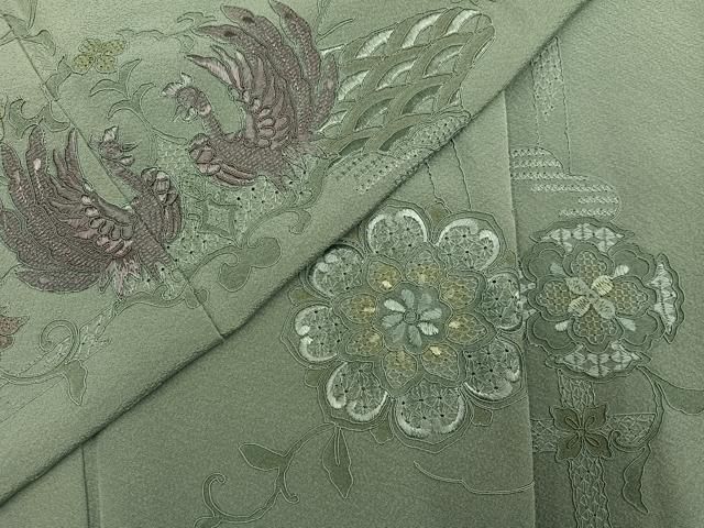 平和屋着物●中国三大刺繍　汕頭刺繍　スワトウ刺繍　総刺繍　双鳥花文　訪問着　　正絹　逸品　AABN1743ph