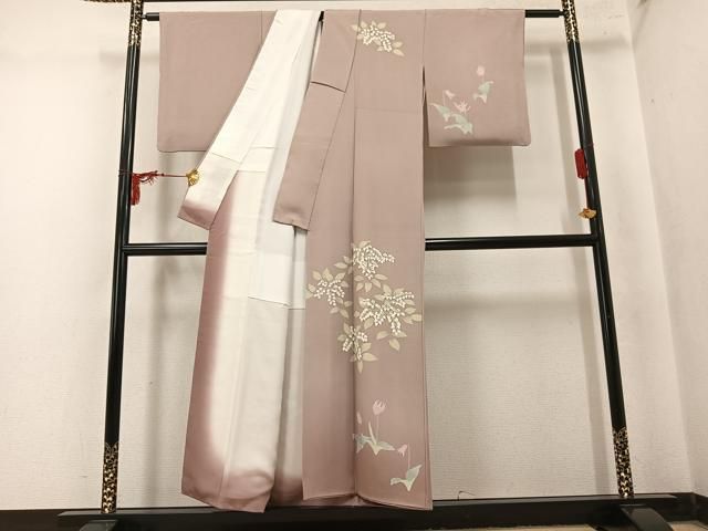 平和屋着物●訪問着　友禅　作家物　草花文　浜ちりめん　反端付き　正絹　逸品　AABN1758ph