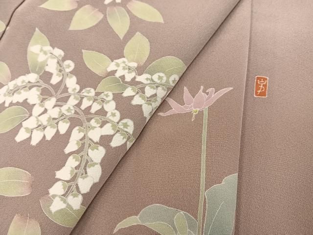 平和屋着物●訪問着　友禅　作家物　草花文　浜ちりめん　反端付き　正絹　逸品　AABN1758ph