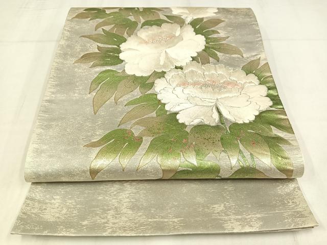 平和屋着物◎太鼓柄袋帯　駒刺繍　草花文　金銀糸　銀彩　正絹　逸品　AABN1764bw