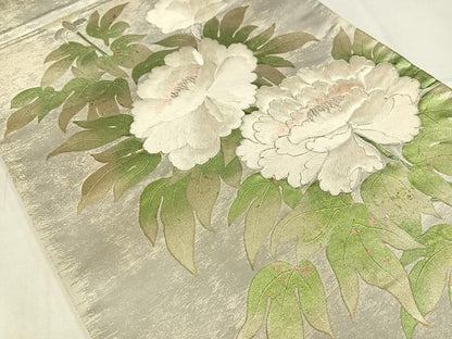 平和屋着物◎太鼓柄袋帯　駒刺繍　草花文　金銀糸　銀彩　正絹　逸品　AABN1764bw