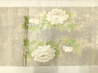 平和屋着物◎太鼓柄袋帯　駒刺繍　草花文　金銀糸　銀彩　正絹　逸品　AABN1764bw
