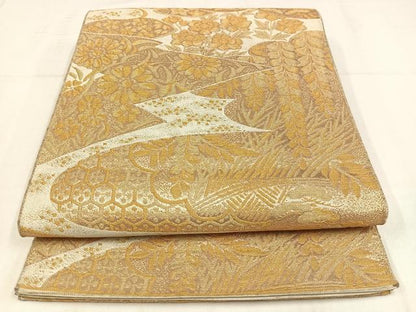 平和屋着物◎六通柄袋帯　草花文　金糸　正絹　逸品　AABN1768bw