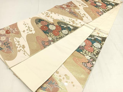 平和屋着物◎六通柄袋帯　唐織　流水草花文　金糸　正絹　逸品　AABN1770bw
