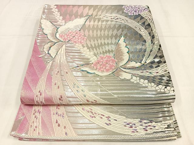 平和屋着物◎六通柄袋帯　唐織　花蝶文　銀糸　正絹　逸品　AABN1776bw