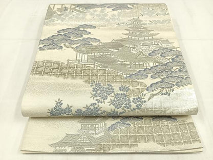 平和屋着物◎六通柄袋帯　城閣名松文　九百錦プラチナ二重箔　正絹　逸品　AABN1790bw