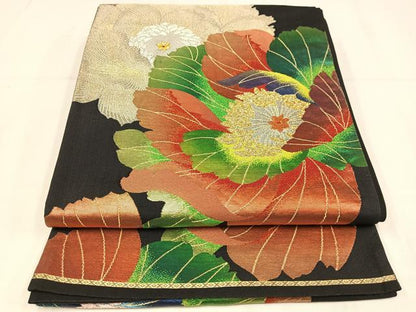 平和屋着物◎六通柄袋帯　花づくし　黒地　金銀糸　正絹　逸品　AABN1795bw