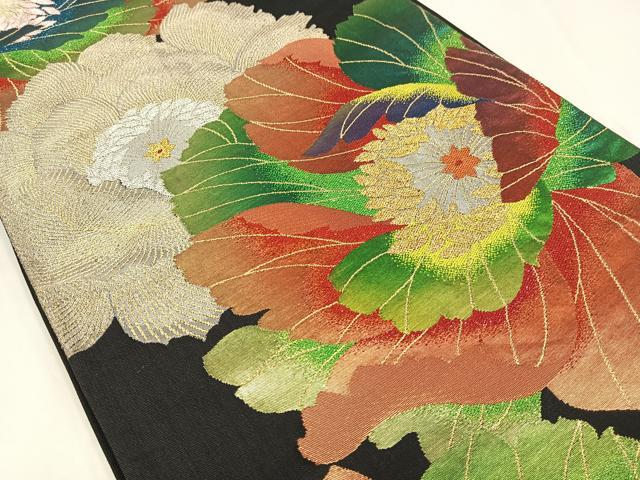 平和屋着物◎六通柄袋帯　花づくし　黒地　金銀糸　正絹　逸品　AABN1795bw