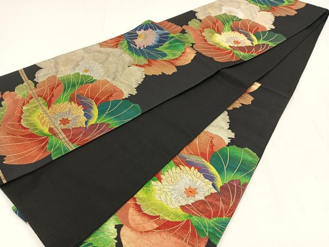 平和屋着物◎六通柄袋帯　花づくし　黒地　金銀糸　正絹　逸品　AABN1795bw