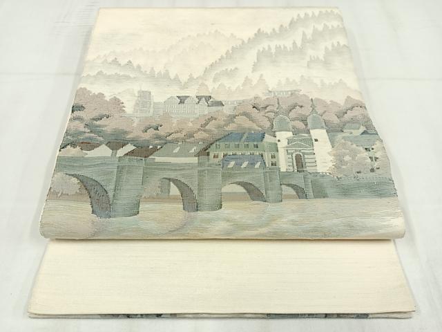 平和屋着物◎結城大島紬　太鼓柄袋帯　すくい織　風景文　正絹　逸品　AABN1797bw