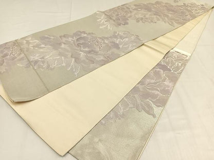 平和屋着物◎六通柄袋帯　草花文　銀糸　正絹　逸品　AABN1798bw