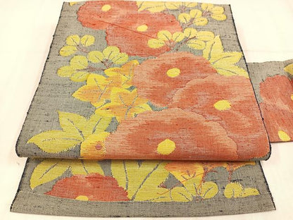 平和屋着物◎八寸名古屋帯　紬地　草花文　正絹　逸品　AABN1800bw