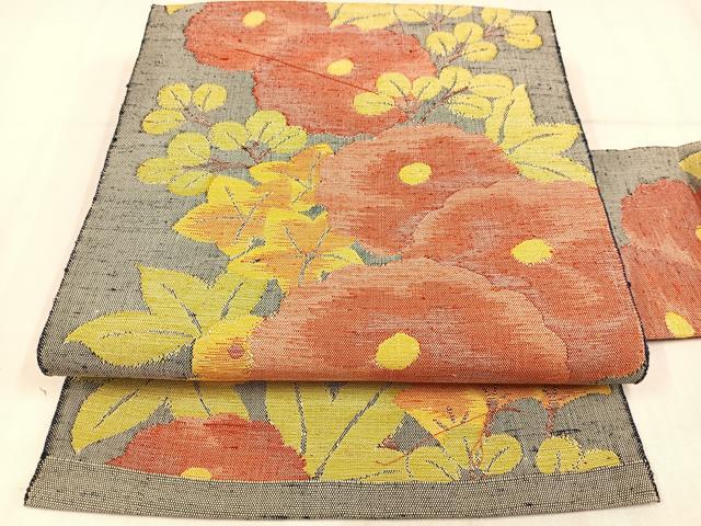 平和屋着物◎八寸名古屋帯　紬地　草花文　正絹　逸品　AABN1800bw