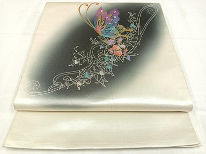 平和屋着物◎太鼓柄袋帯　花唐草文　蝶　金銀彩　正絹　逸品　AABN1803bw