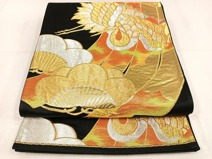 平和屋着物◎六通柄袋帯　飛鶴文　黒地　金銀糸　正絹　逸品　AABN1804bw