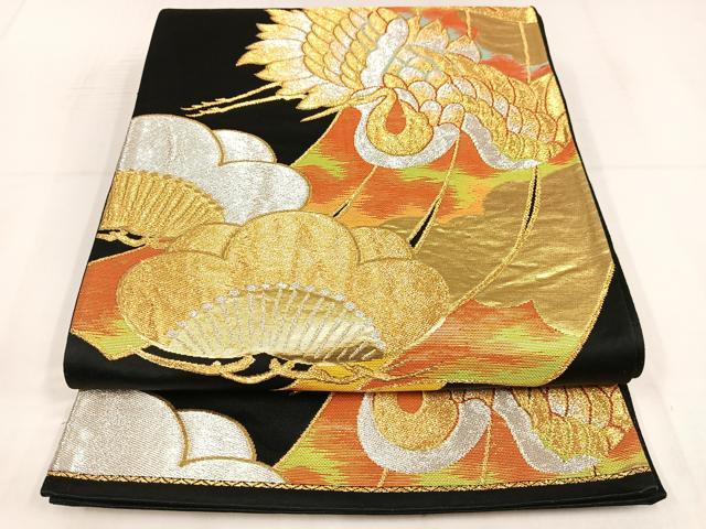 平和屋着物◎六通柄袋帯　飛鶴文　黒地　金銀糸　正絹　逸品　AABN1804bw