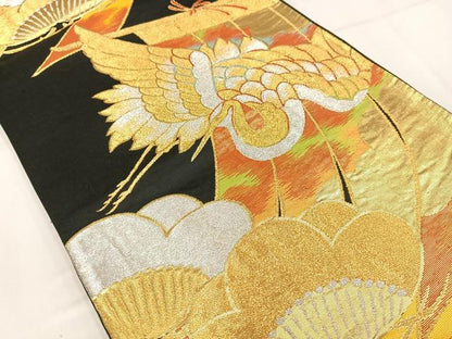 平和屋着物◎六通柄袋帯　飛鶴文　黒地　金銀糸　正絹　逸品　AABN1804bw