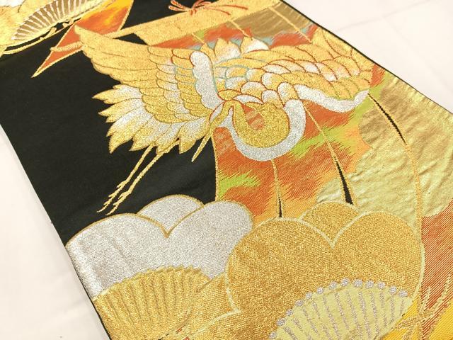 平和屋着物◎六通柄袋帯　飛鶴文　黒地　金銀糸　正絹　逸品　AABN1804bw