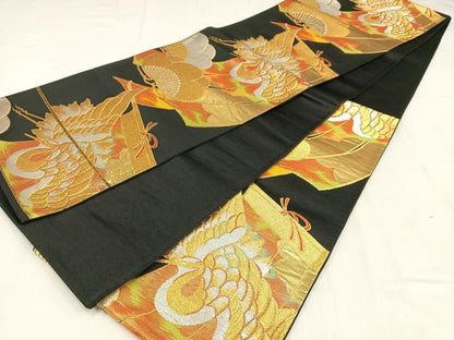 平和屋着物◎六通柄袋帯　飛鶴文　黒地　金銀糸　正絹　逸品　AABN1804bw