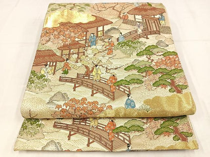 平和屋着物◎六通柄袋帯　唐織　人物風景文　金糸　正絹　逸品　AABN1808bw