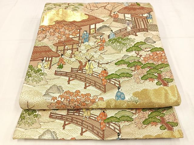 平和屋着物◎六通柄袋帯　唐織　人物風景文　金糸　正絹　逸品　AABN1808bw